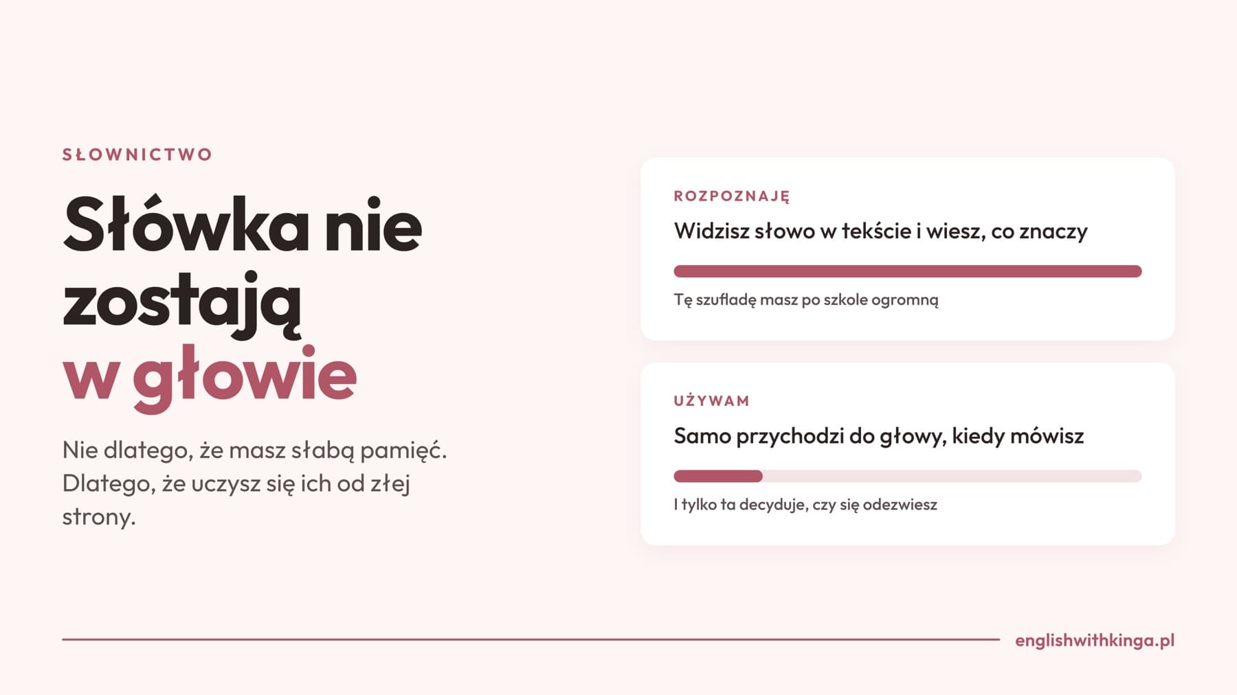 Grafika z napisem Słówka nie zostają w głowie i dwiema kolumnami: rozpoznaję i używam
