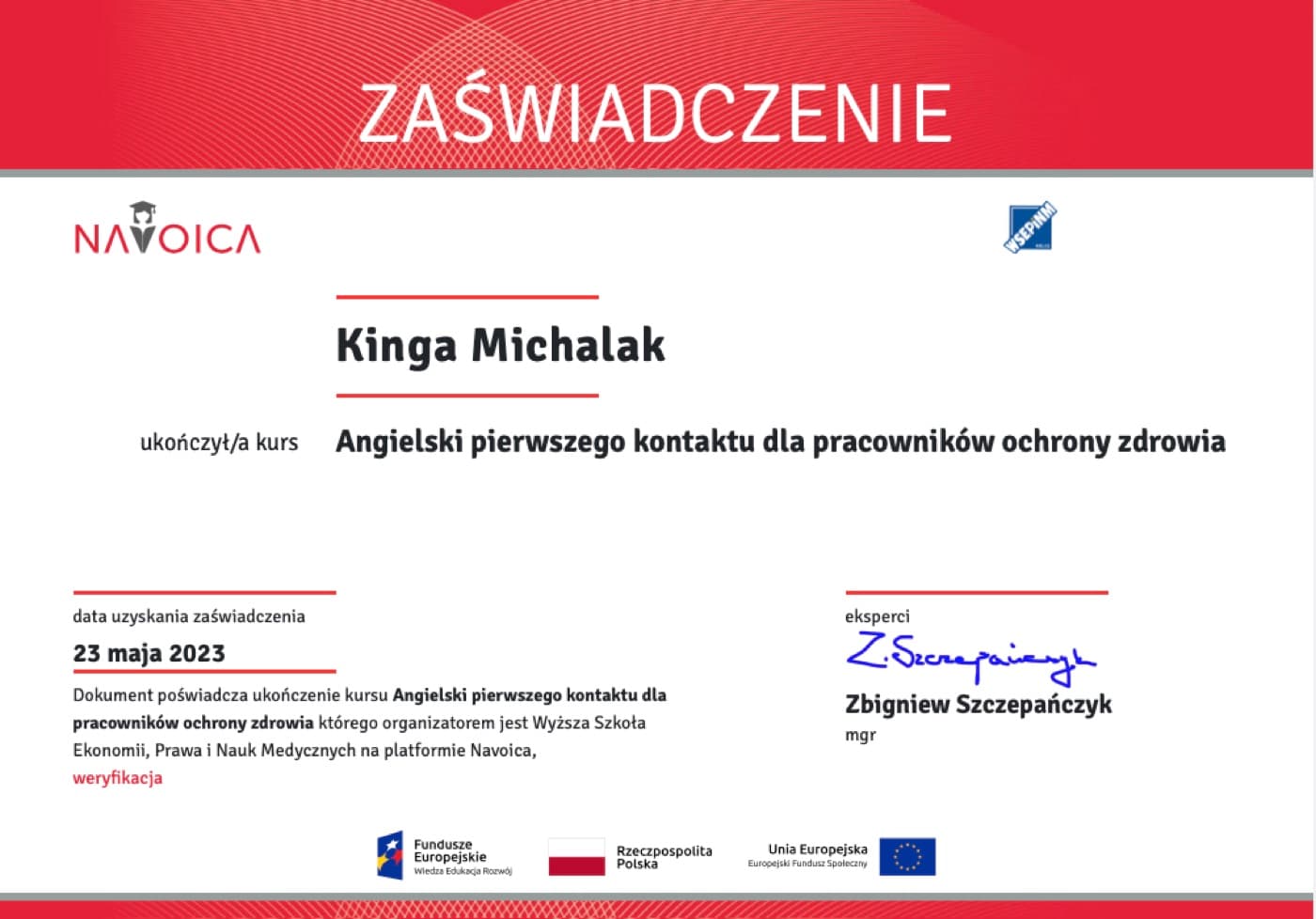 Certyfikat: angielski w medycynie