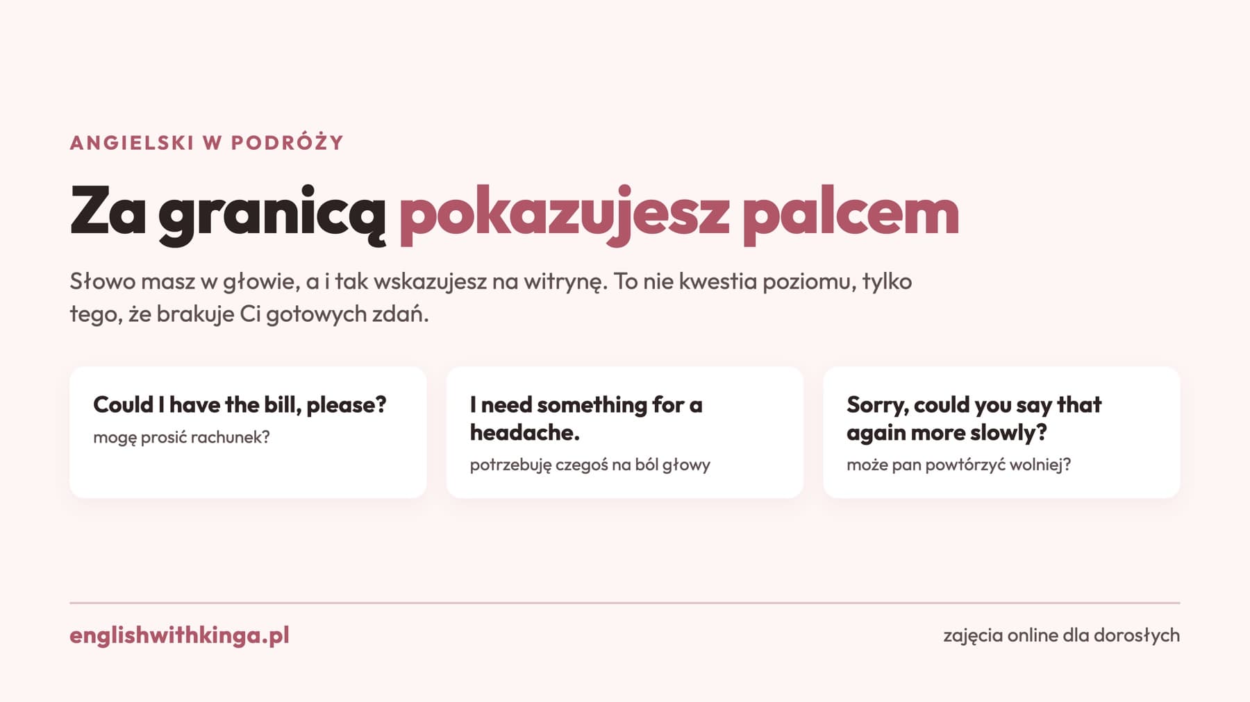 Grafika z napisem Za granicą pokazujesz palcem i trzema zwrotami po angielsku na kartach